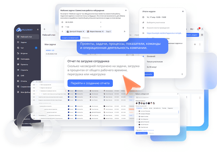 Интерфейс платформы RuleWay с карточками задач, отчетов и коммуникаций